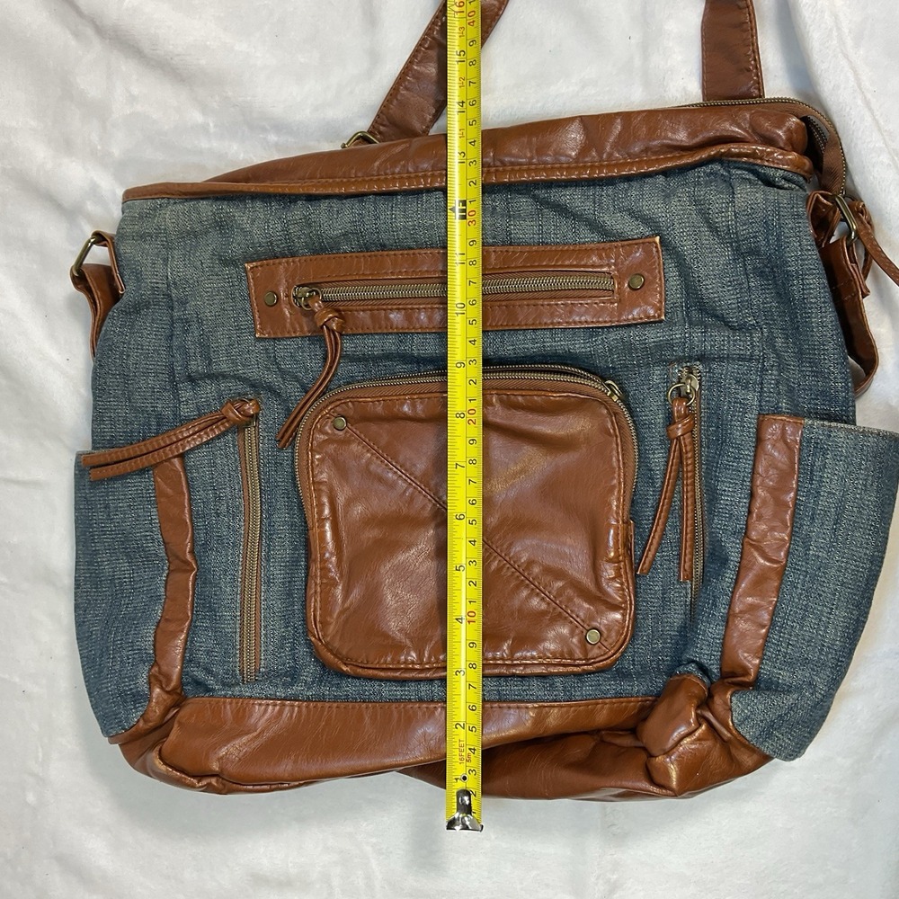 Vintage Denim Messenger Bag Brown Faux Leather Adjustable Strap Pockets 13 X 16 - Picture 3 of 8